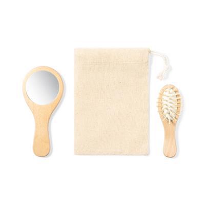 Ensemble miroir et brosse en bois naturel Sedolax